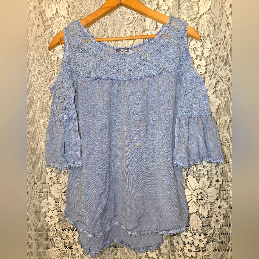 Earthbound Womens Blouse, Small, Blue Open Shoulder Top, Crochet